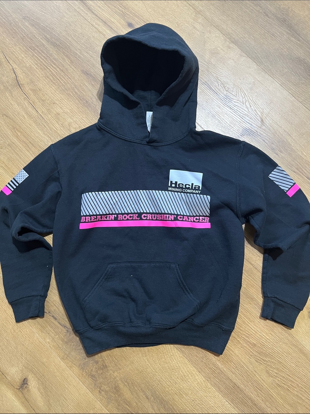 Hecla Kids' Black Hoodie with Pink Accent - Breakin' Rock, Crushin' Cancer